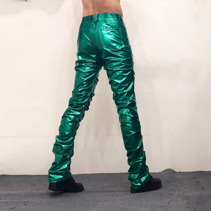 Pantalones de cuero acampanados plisados ​​con espejo reflectante brillante sexy para hombres