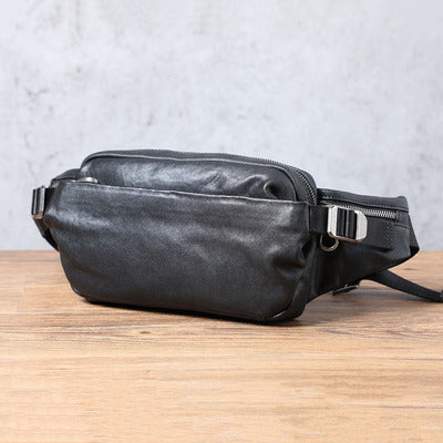 Petit sac à dos pour hommes, bandoulière simple, couche de tête en cuir de vache, sac banane