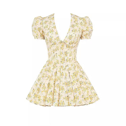 Robe à manches bouffantes et col en v, imprimé de fleurs jaunes, robes plissées douces de Style français, vêtements pour femmes