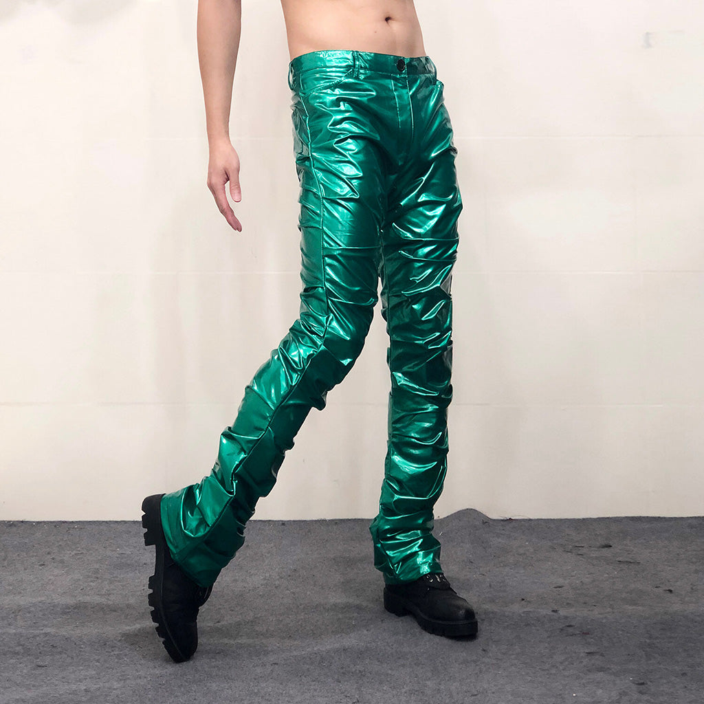 Pantalon en cuir évasé plissé miroir réfléchissant brillant sexy pour hommes