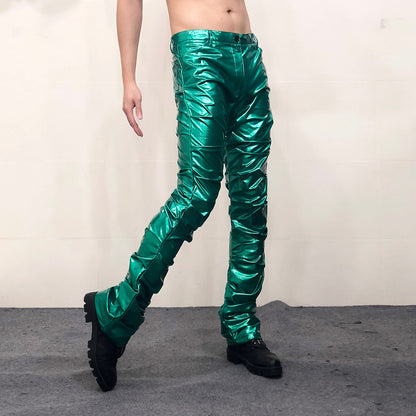 Bright Reflective Mirror Pleated Flare Leather Pants Sexy For Men