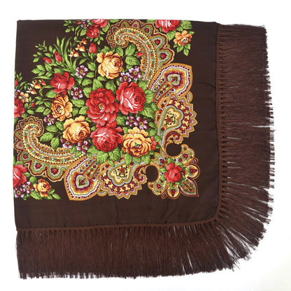 Women's Retro Print Floral Fringed Scarf