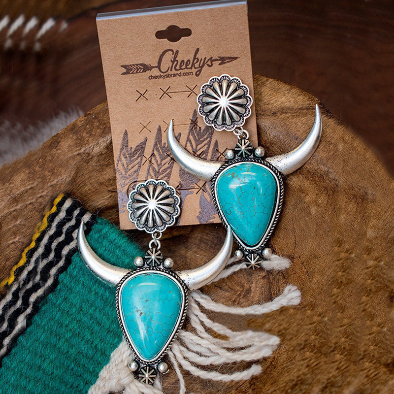 Boucles d'oreilles Vintage Boho Drop Turquoise tête de taureau pour femmes