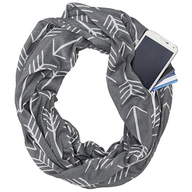 Pocket Scarf Arrow Pattern Printed Zipper Pocket Scarf