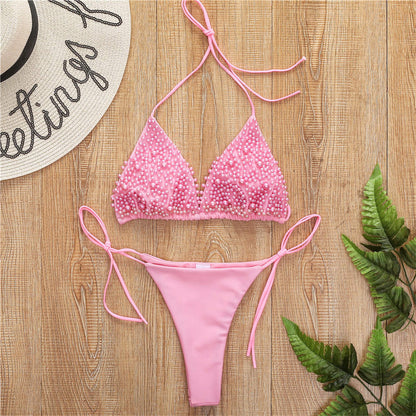 Bikini perlé triangle de couleur unie à la mode pour femmes