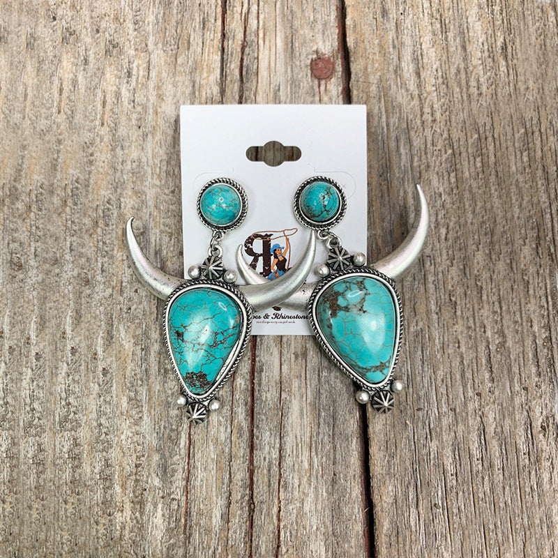 Boucles d'oreilles Vintage Boho Drop Turquoise tête de taureau pour femmes