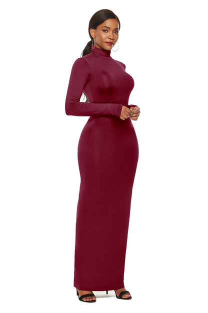 Robe Maxi Slim à Manches Longues et Col Montant