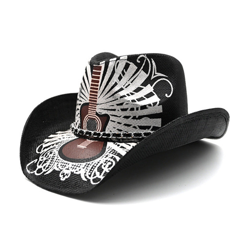 Chapeau de Cowboy en paille de beauté, guitare Punk rétro, crâne, Protection solaire, pare-soleil