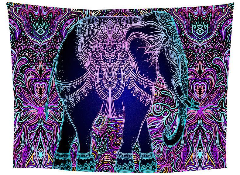 Neon Elephant Line Art Tapestry