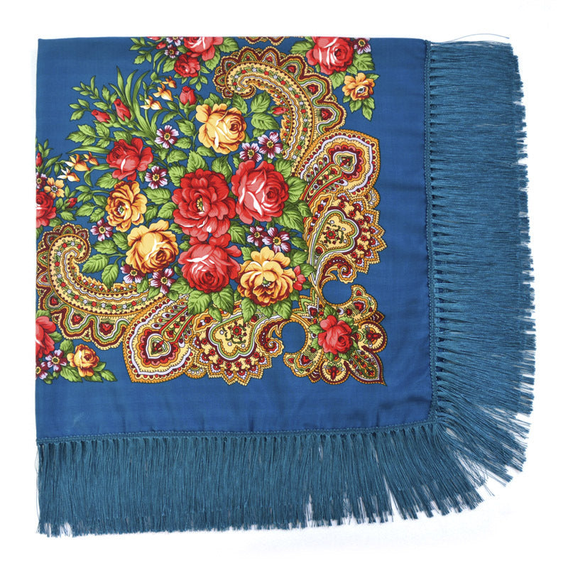 Women's Retro Print Floral Fringed Scarf