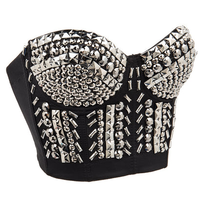 Costume de danseuse de chanteur, soutien-gorge Punk à paillettes et perles pour femmes