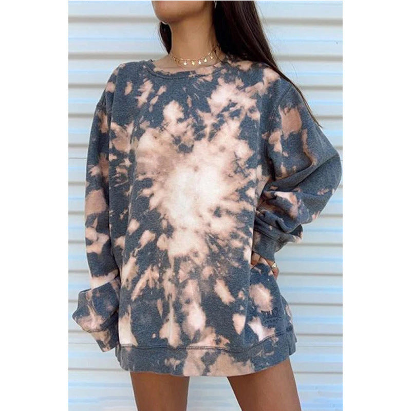 Autumn And Winter Tie-dye Casual Loose Round Neck Long Sleeve Pullover Print Women's Top