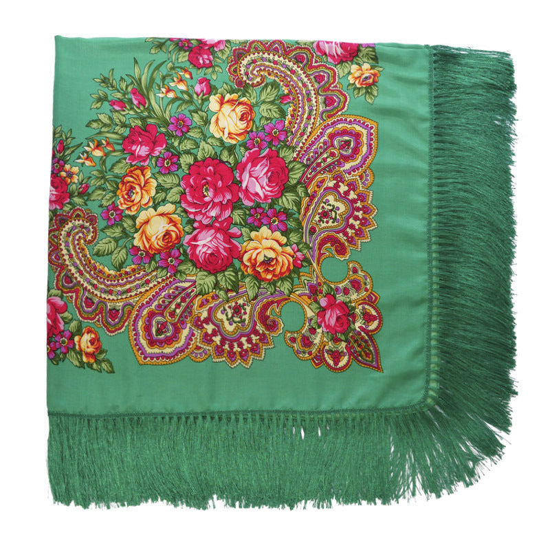 Women's Retro Print Floral Fringed Scarf