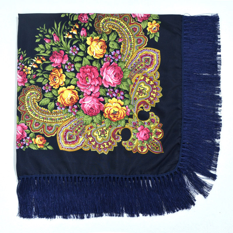 Women's Retro Print Floral Fringed Scarf