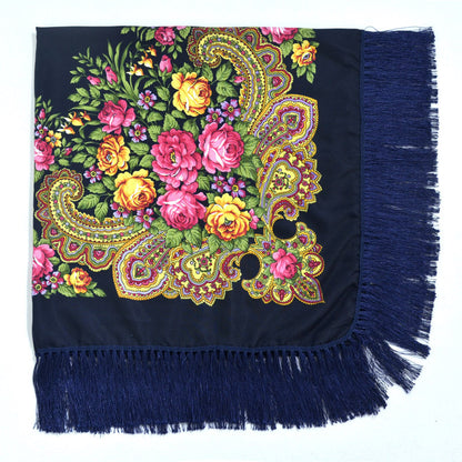 Women's Retro Print Floral Fringed Scarf