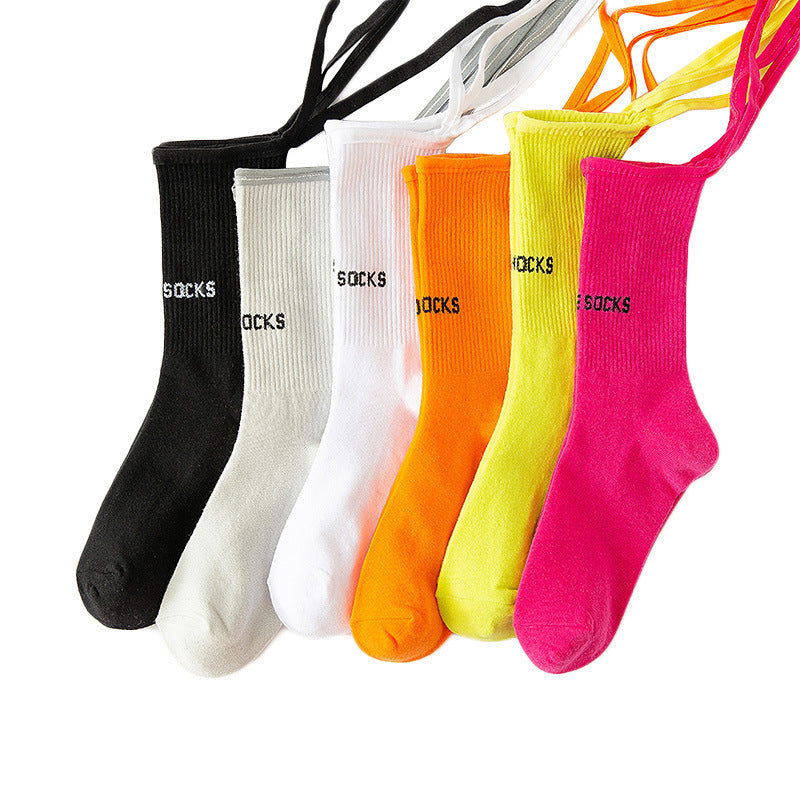 Chaussettes à bandes fluorescentes pour femmes, avec lettres imprimées, tendance, pour Bar, boîte de nuit, personnalité réfléchissante, croix, haute qualité, nouvelle collection