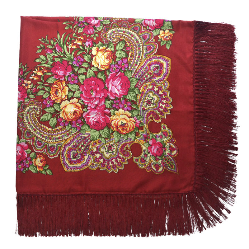 Women's Retro Print Floral Fringed Scarf