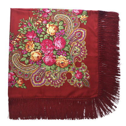 Women's Retro Print Floral Fringed Scarf