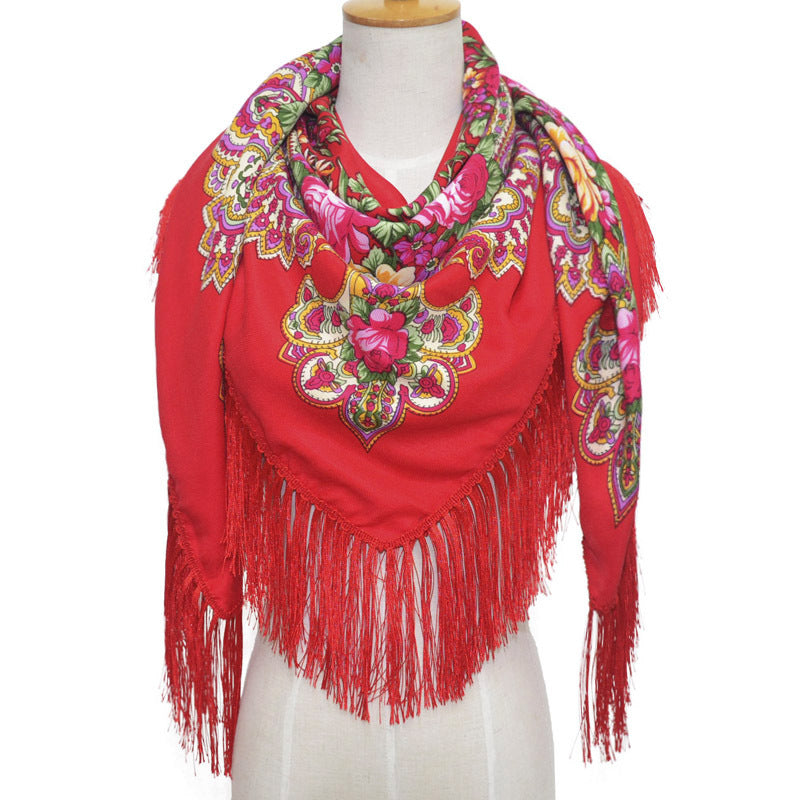 Women's Retro Print Floral Fringed Scarf