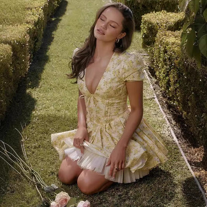 Robe à manches bouffantes et col en v, imprimé de fleurs jaunes, robes plissées douces de Style français, vêtements pour femmes