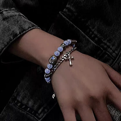 Joyería de moda Pulsera cruzada de perlas reflectantes de doble capa