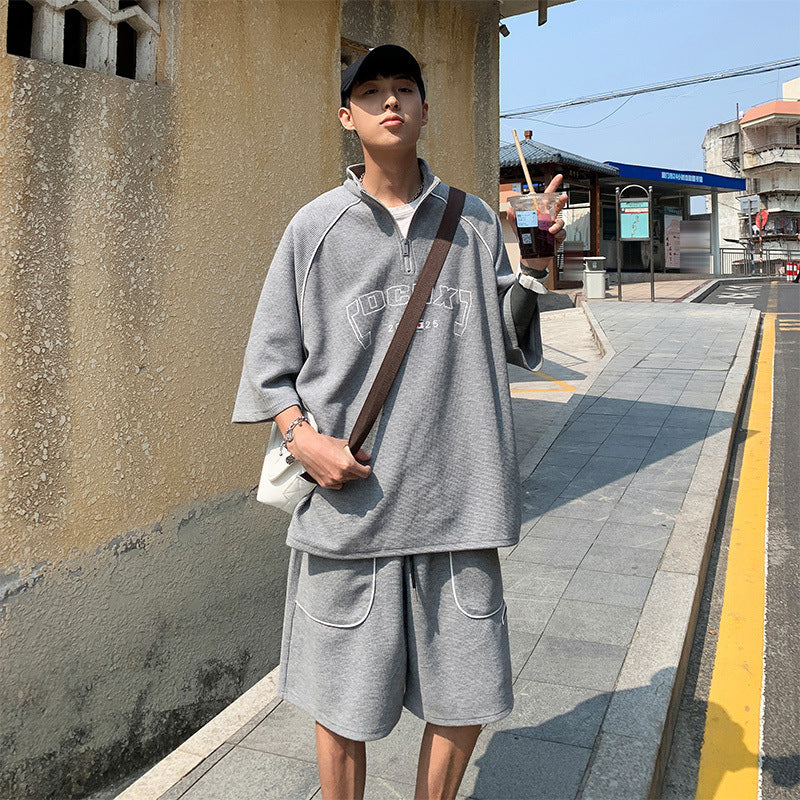 Waffle Sports Shorts Suit Students Hong Kong Style Polo Shirt Short Sleeve Casual