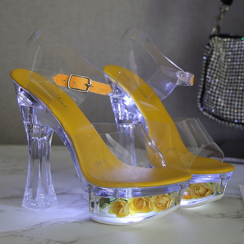 Sandales brillantes pour femmes, chaussures de soirée, fleurs transparentes, talons hauts