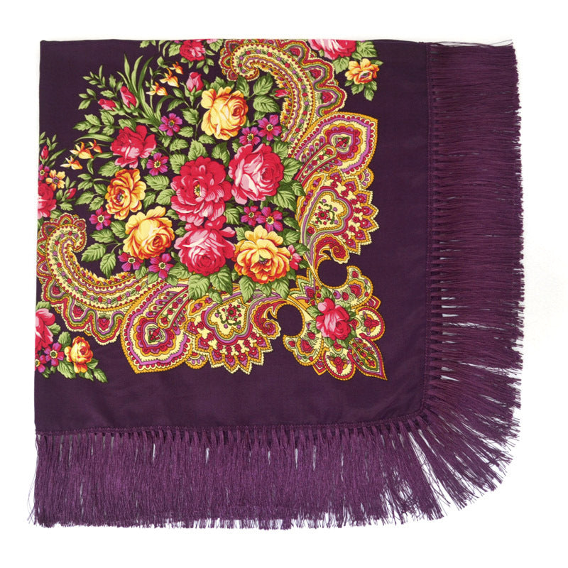 Women's Retro Print Floral Fringed Scarf