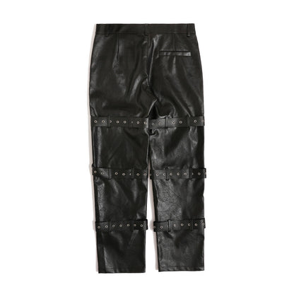 Pantalon en cuir PU avec cravate de style punk pour hommes