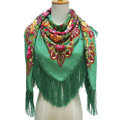 Women's Retro Print Floral Fringed Scarf