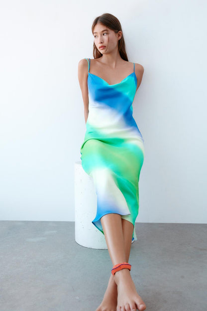 Ladies Stylish Tie-Dye Silk Satin Slip Dress