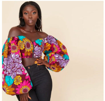 African Style Digital Printing Women's Sexy Off-neck Tube Top Long Sleeve